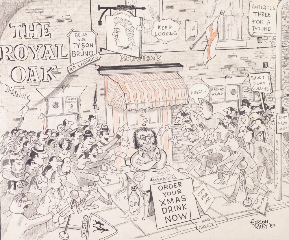 GORDON RILEY (TWENTIETH CENTURY) PENCIL DRAWING, HEIGHTENED Comical scene of a manager sat outside - Image 2 of 3