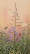 CHRIS SHIELDS (Contemporary) WATERCOLOUR 'Bee and two cabbage white butterflies on flowering