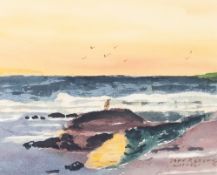 JOHN SEGUIN (TWENTIETH/ TWENTY FIRST CENTURY) WATERCOLOUR DRAWING Beach scene with seagull on a rock