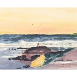 JOHN SEGUIN (TWENTIETH/ TWENTY FIRST CENTURY) WATERCOLOUR DRAWING Beach scene with seagull on a rock