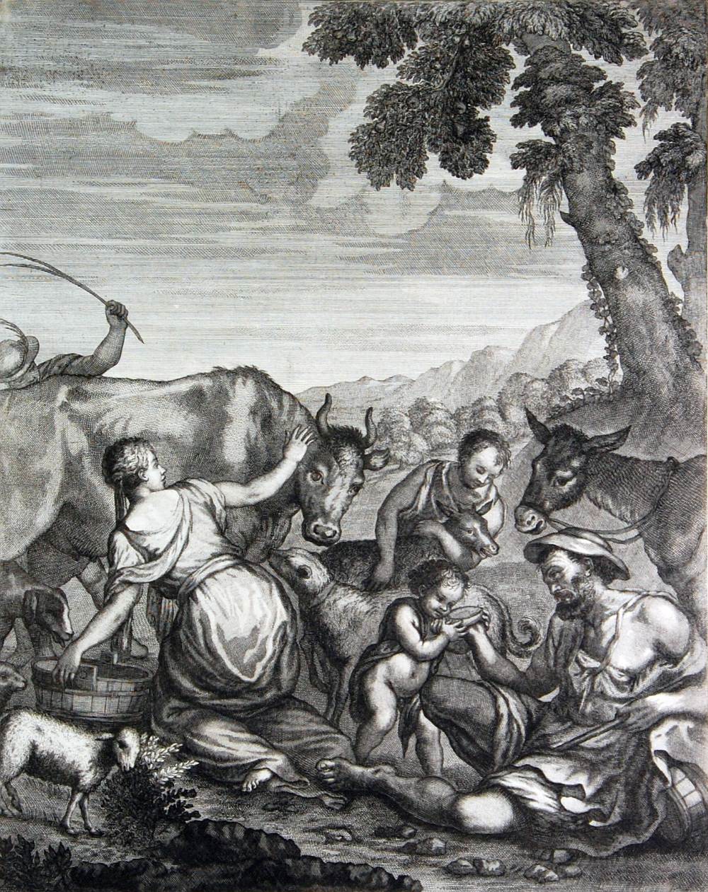 AFTER FRANCESCO PETRUCCI 18th CENTURY ENGRAVING Cattle scene 18" x 14" (46 x 35.5cm) not framed or