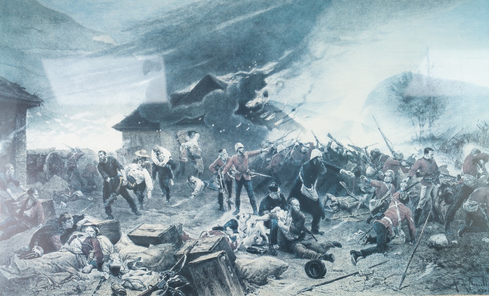 A PHOTOGRAVURE 'RORKE'S DRIFT' AND A COLOUR PRINT 'BATTLE SCENE'