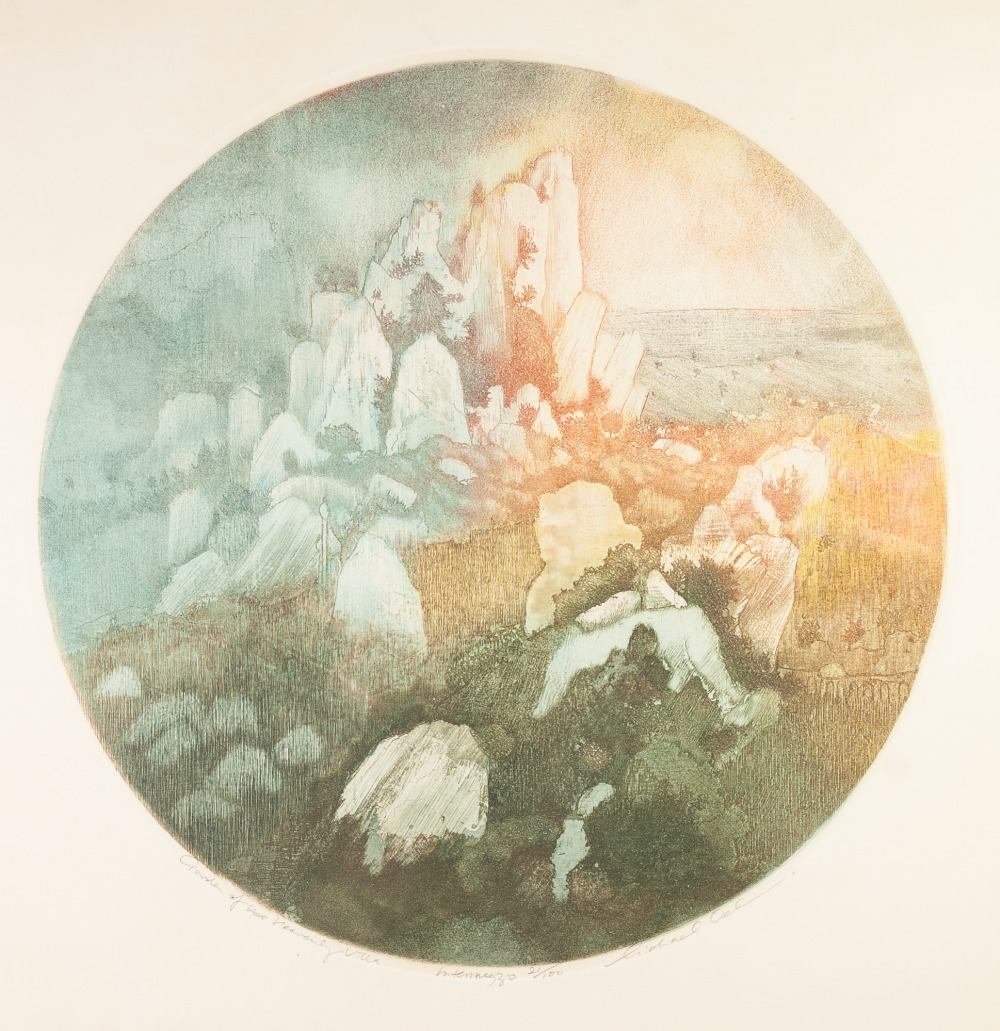 MICHAEL ***** ETCHINGS PRINTED IN COLOUR, A SET OF FIVE Circular imaginary landscapes inscribed in - Image 2 of 5