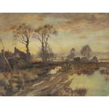 B.A.H. (EARLY TWENTIETH CENTURY) OIL PAINTING ON CANVAS Rural scene with figures, sheep and cottages