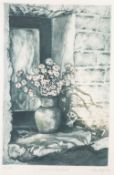 ANNETTE JOHNSON ETCHING WITH AQUATINT PRINTED IN BLUE/GREY WITH HINT OF RED 'Summer Flowers' Signed,