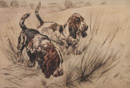 HENRY WILKINSON ARTIST SIGNED ORIGINAL COLOURED ETCHING Two basset hounds in long grass Signed in