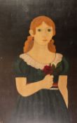 MODERN PASTICHE OIL PAINTING ON PANEL Primitive three quarter length portrait of a young woman
