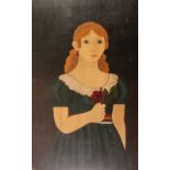 MODERN PASTICHE OIL PAINTING ON PANEL Primitive three quarter length portrait of a young woman