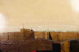 JOHN LAWRENCE (b. 1934) MIXED MEDIA ON BOARD Abstract view across a harbour wall Signed with