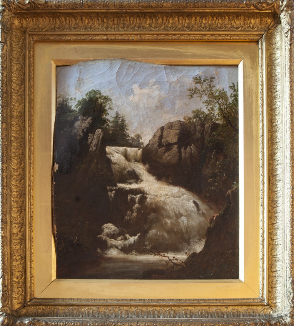 19TH CENTURY ENGLISH SCHOOL PAIR OF OIL PAINTINGS ON CANVAS 'WATERFALLS' SIGNED WITH INITIALS T.S.B. - Image 2 of 2