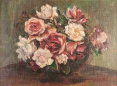 PATTI MAYOR (1872-1962) OIL PAINTING ON CANVAS BOARD Roses in a bowl Signed lower right, labelled