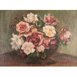 PATTI MAYOR (1872-1962) OIL PAINTING ON CANVAS BOARD Roses in a bowl Signed lower right, labelled