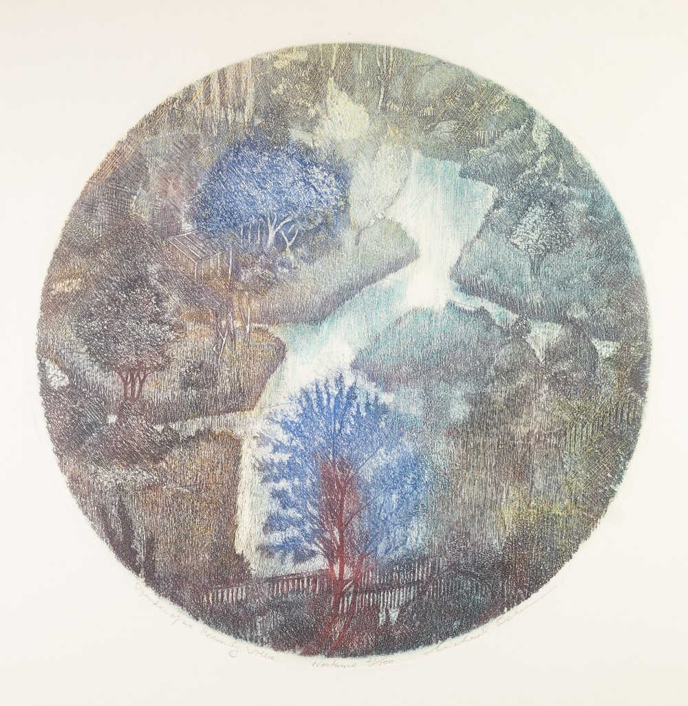 MICHAEL ***** ETCHINGS PRINTED IN COLOUR, A SET OF FIVE Circular imaginary landscapes inscribed in - Image 5 of 5