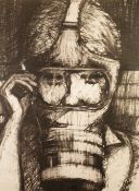 CONTEMPORARY ARTIST MIXED MEDIA BLACK AND WHITE DRAWING OF A FIGURE wearing goggles, holding a