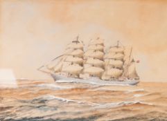 J.E. COOPER (TWENTIETH CENTURY) WATERCOLOUR DRAWING Ship portrait, 'Garthpool' Signed and titled