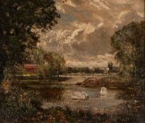 JOHN RATHBONE HARVEY (1866 - 1933) OIL ON CANVAS Swans Signed lower left 11 ½" x 13 ¼" (29 x 33 ½