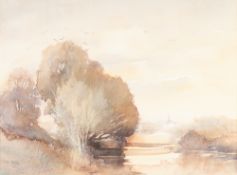 HARRY BATTY F.R.S.A. (Modern) WATERCOLOUR River landscape with distance church spire Signed and