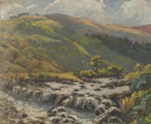 UNATTRIBUTED (TWENTIETH CENTURY) OIL PAINTING ON BOARD Rural landscape with river in the