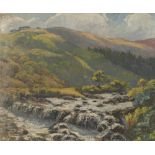 UNATTRIBUTED (TWENTIETH CENTURY) OIL PAINTING ON BOARD Rural landscape with river in the