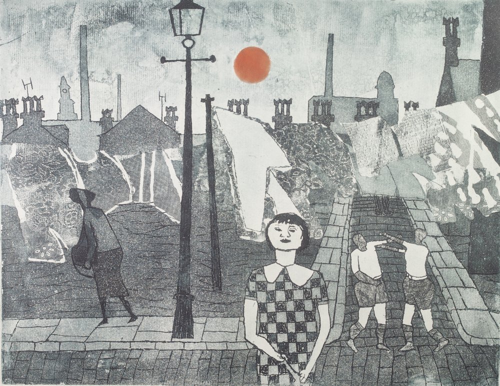 •JULIAN TREVELYAN (1910 - 1988) ETCHING WITH AQUATINT, PRINTED IN BLUE/GREY 'Bolton, Washing Day'