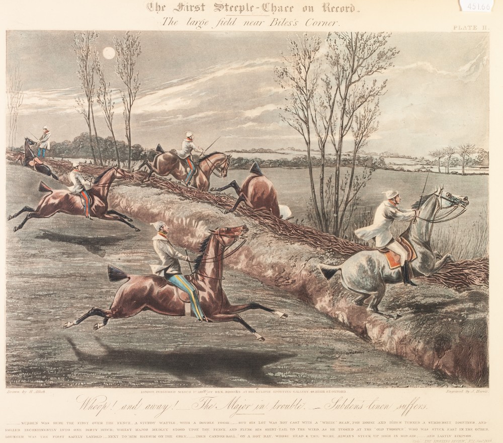 J. HARRIS AFTER H. ALKEN HAND COLOURED AQUATINTS, SET OF FOUR 'The First Steeple Chase on Record' - Image 2 of 4