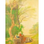 A.F. SERGEANT (Twentieth century) OIL PAINTING ON BOARD Landscape with figures in horse drawn cart