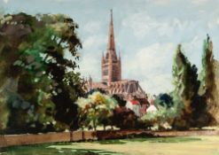 PETER WARD (MODERN) ACRYLIC ON BOARD Norwich Cathedral Signed and dated (19)75 lower left 10 1/4"