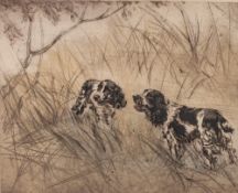 HENRY WILKINSON (1921 - 2011) ARTIST SIGNED ORIGINAL COLOURED ETCHING Two spaniels in long grass