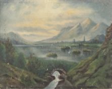 UNATTRIBUTED (NINETEENTH CENTURY) OIL PAINTING ON CANVAS Mountainous river landscape with stone