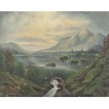 UNATTRIBUTED (NINETEENTH CENTURY) OIL PAINTING ON CANVAS Mountainous river landscape with stone