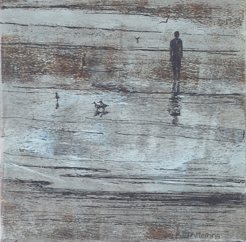 JUDITH A HERRING MIXED MEDIA ON BOARD Beach scene with figures Signed lower right, artist card verso - Image 2 of 2