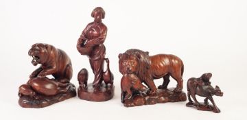 MODERN ORIENTAL CARVED HARDWOOD FIGURES OF LION AND TIGER each with a pray victim, 7 3/4" (9.8cm)