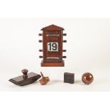 CIRCA 1920's OAK CASED PERPETUAL DESK CALENDAR, with printed fabric rolls for day, date and month,