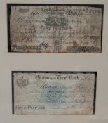 SMALL GLAZED AND DOUBLE-SIDED FRAME DISPLAYING A 'MACCLESFIELD CHESHIRE BANK' FIVE POUND NOTE 1841