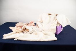 A CHRISTENING GOWN; A LADY'S WHITE SILK UNDER SLIP, ankle length with embroidered detail; a PAIR