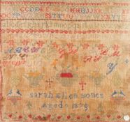 LATE VICTORIAN SAMPLER, THE WORK OF SARAH ELLEN BONES, AGED 9 1879, featuring the alphabet and