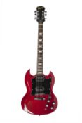 SIX STRING ELECTRIC GUITAR with two tone and two volume control knobs and rhythm treble switch,