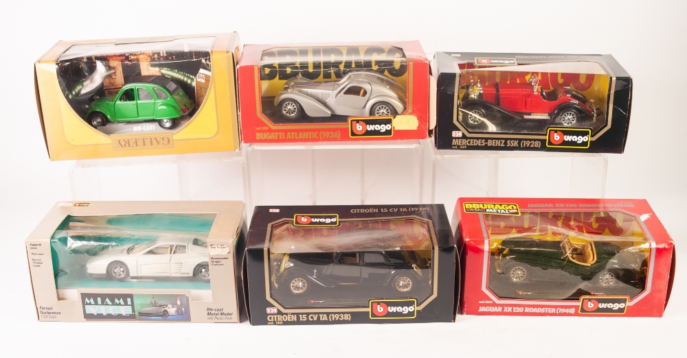 FIVE BURAGO BOXED 1-24 SCALE MODELS OF VINTAGE AND CLASSIC CARS including; Citroen 15 CVTA (1938),