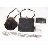 TWO FABRIC AND MARCASITE WHITE METAL MOUNTED LADY'S EVENING BAGS, also a chromium and black