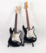 TWO ELECTRIC GUITARS, Stratocaster shape, one made by Encore, black body, the other made by CBSKY,