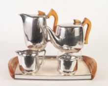 PIQUOT WARE PLATED METAL TEA SET OF FOUR PIECES ON MATCHING TWO HANDLE TRAY, tea set includes hot