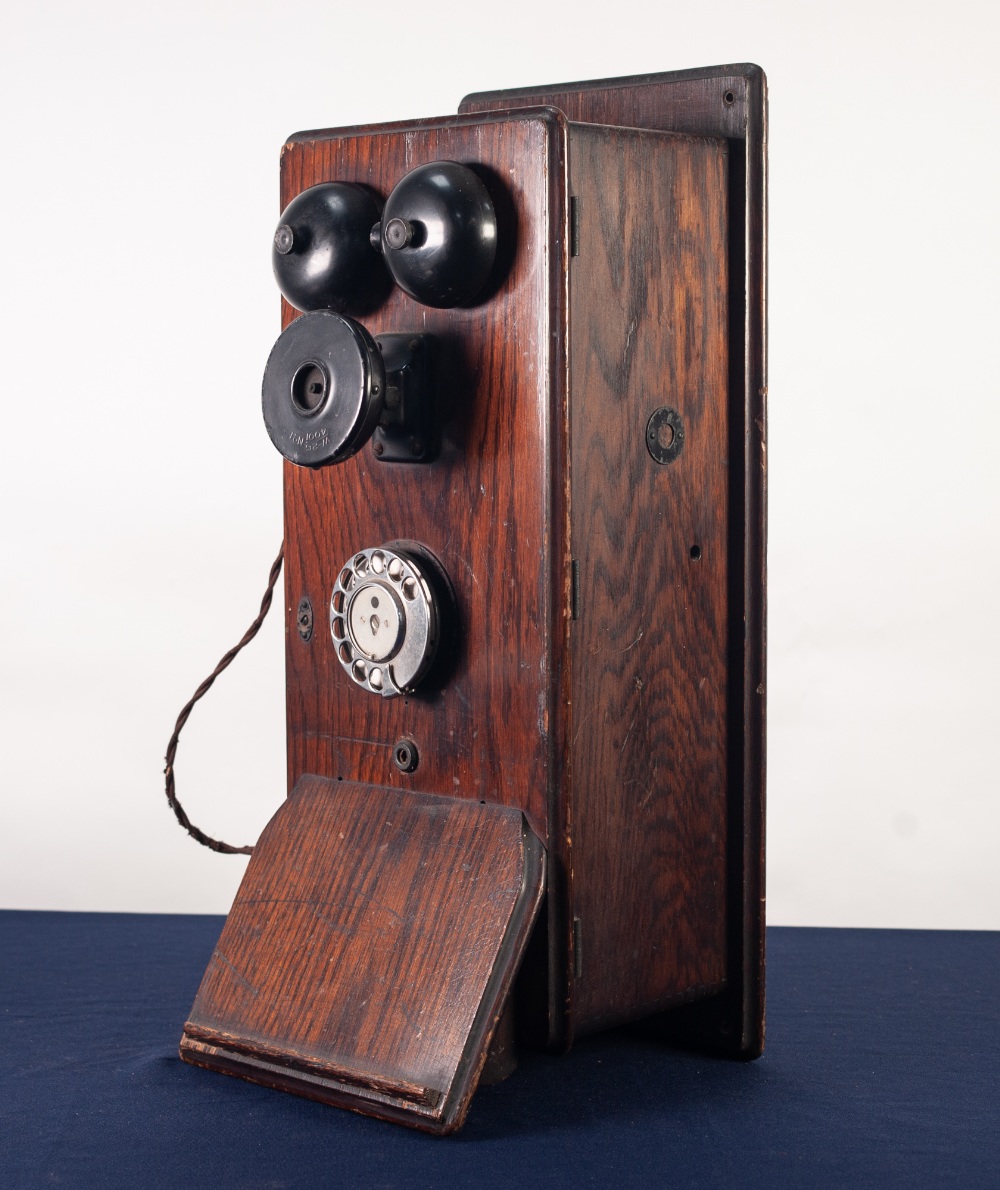 EARLY 20th CENTURY OAK CASE MURAL TELEPHONE, the front with two metal bells over a fixed black - Image 2 of 3