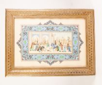 A MODERN INDO-PERSIAN WATERCOLOUR MINIATURE ON AN IVORY TABLET with an elaborate painted surround in