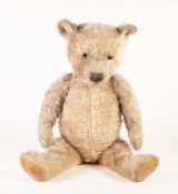 LARGE PRE-WAR BLOND MOHAIR TEDDY BEAR with glass eyes, stitched nose and mouth, fawn fabric pads,