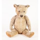 LARGE PRE-WAR BLOND MOHAIR TEDDY BEAR with glass eyes, stitched nose and mouth, fawn fabric pads,
