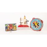 TINPLATE PICTORIAL DECORATED CHILD'S MONEY BOX 'Post Early', lid with swing handle and the key,