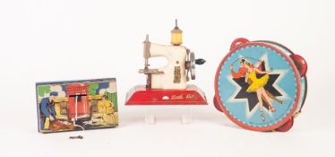 TINPLATE PICTORIAL DECORATED CHILD'S MONEY BOX 'Post Early', lid with swing handle and the key,