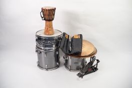 PERCUSSION RELATED INSTRUMENTS TO INCLUDE; REMO SNARE DRUM, 2 Remo Emperor DRUMS, VARIOUS CYMBALS,