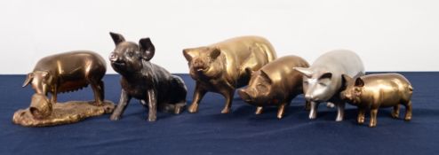 BRONZE CASED WELL MODELLED SEATED PIG, 4 1/2" high, 6" long; BRONZE MODEL OF A SOW eating from an