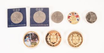 THREE LARGE GILT METAL COMMEMORATIVE COINS, one side with enamelled photograph of Queen Elizabeth